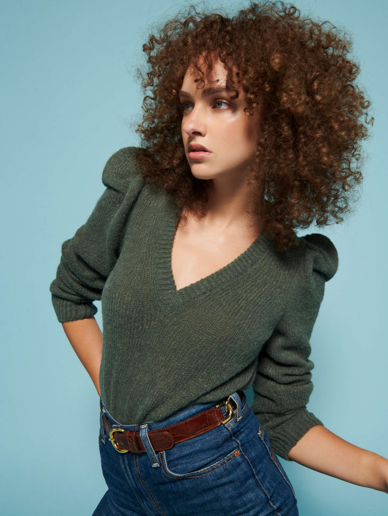 Lara Puff Shoulder V-Neck - Stoned Moss