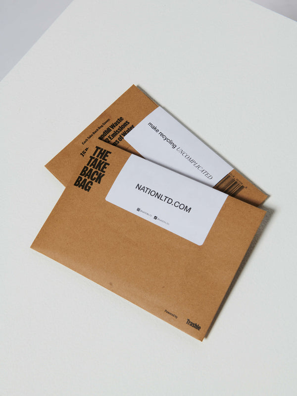 Two brown clothing recycling envelopes from NationLTD.com
