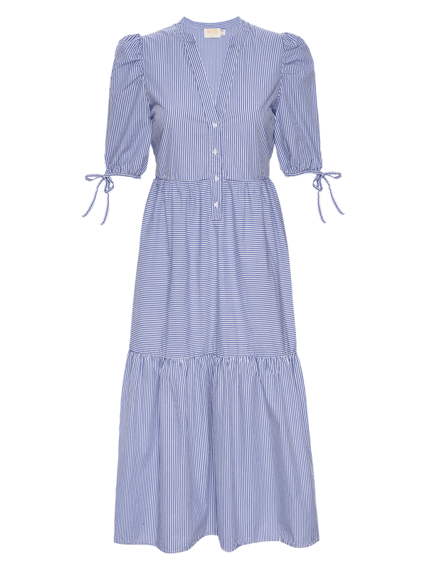 Dustin Striped Puff Sleeve Tiered Midi Dress - Banker Stripe | NATION LTD