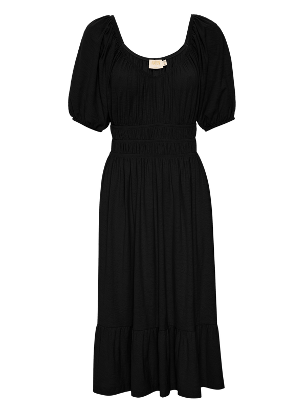 Fabia Shirred Puff Sleeve Midi Dress - Jet Black | NATION LTD