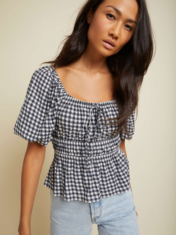NATION LTD Narcie Checkered Square Neck Puff Sleeve Tee