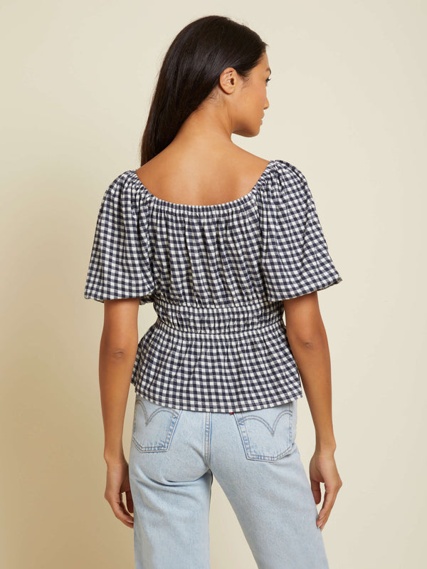 NATION LTD Narcie Checkered Square Neck Puff Sleeve Tee
